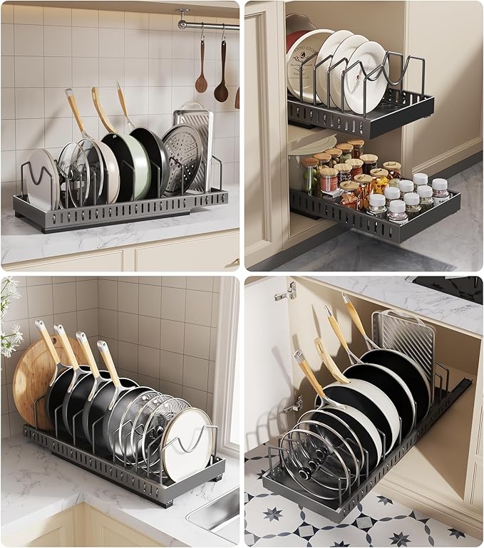 Pull Out Pots and Pans Organizer Under Cabinet, Expandable Sliding Lid Holder - Image 7