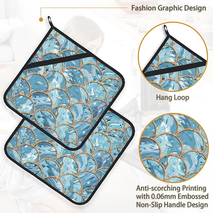 Mermaid Fish Scales Marble Pot Holder Set of 2, Heat Resistant Potholders Oven - Image 4