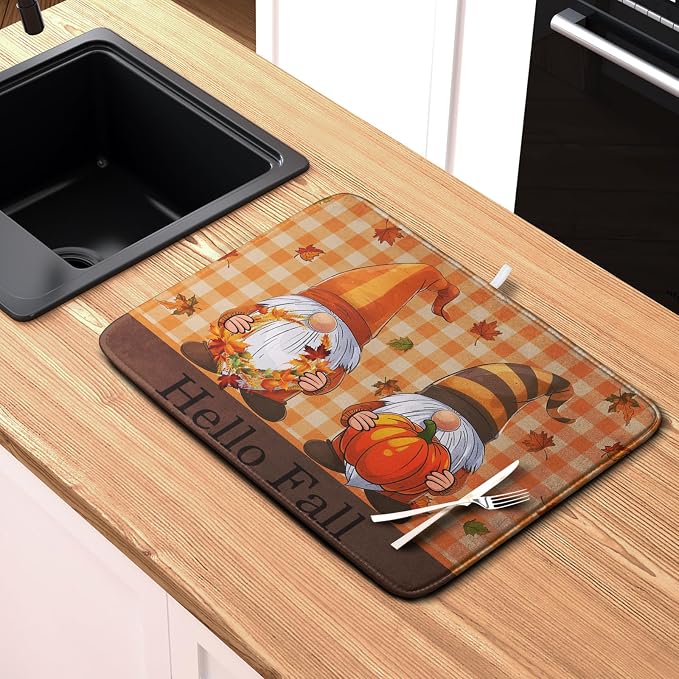 Hello Fall Autumn Gnomes Dish Drying Mat 18x24 Thanksgiving Pumpkin Maple - Image 6