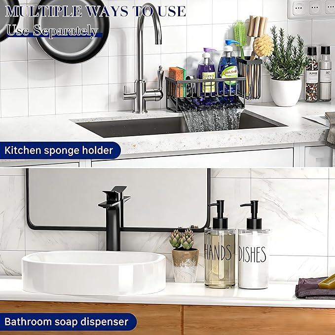 MASADI Kitchen Sink Caddy with Dish Soap Dispenser Set, 12OZ Glass Bottle - Image 4