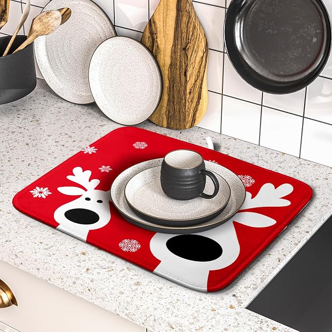 Xmas Dish Drying Mat for Kitchen Counter Cute Reindeer Holiday Snowflake - Image 5