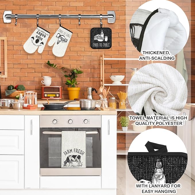 VitalCozy 8 Pcs Farm Animal Theme Kitchen Towels Pot Holders and Oven Mitt Set - Image 3