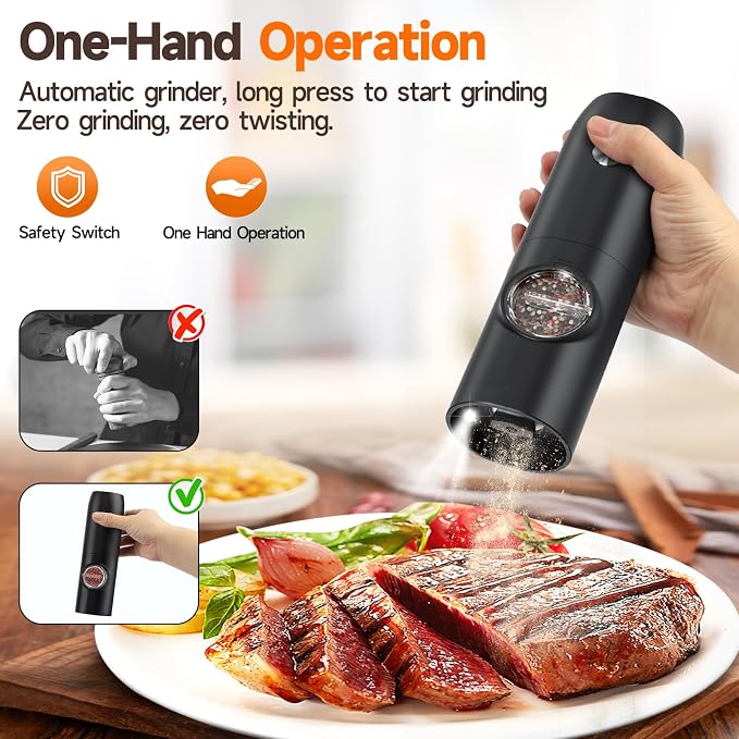 Electric Salt and Pepper Grinder Set, USB Rechargeable One Hand Operation - Image 3