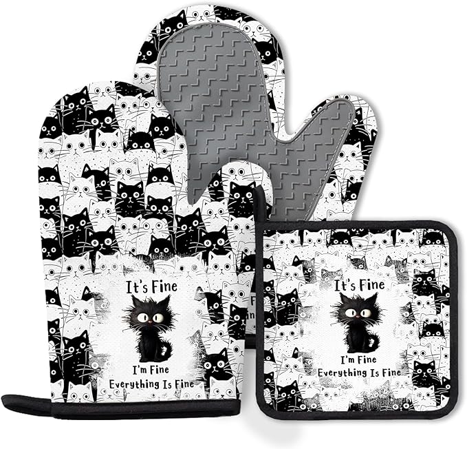 Black Cat Oven Mitts and Pot Holders Sets 3PCS, Cat Silicone Heat Resistant by Unknown