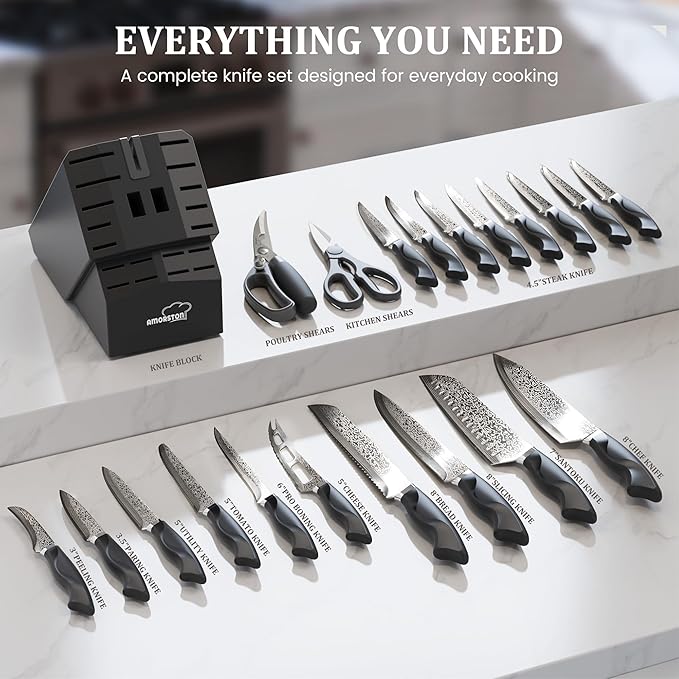 Amorston 22 Pieces Knife Set, Laser Engraved High Carbon Stainless Steel Knife - Image 2