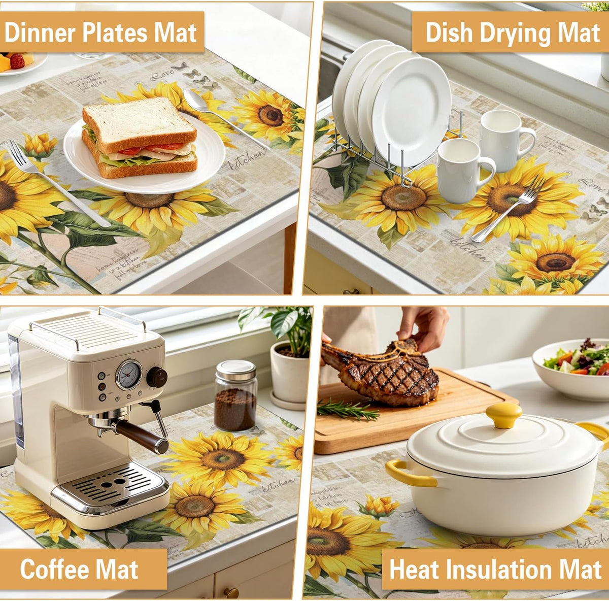 Sunflower Kitchen Countertop Dish Drying Mat,Super Absorbent Coffee