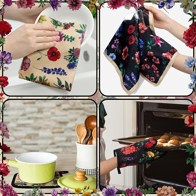 Bencailor 6 Pcs Vintage Wildflower Kitchen Towels Oven Mitts and Pot Holders - Image 6