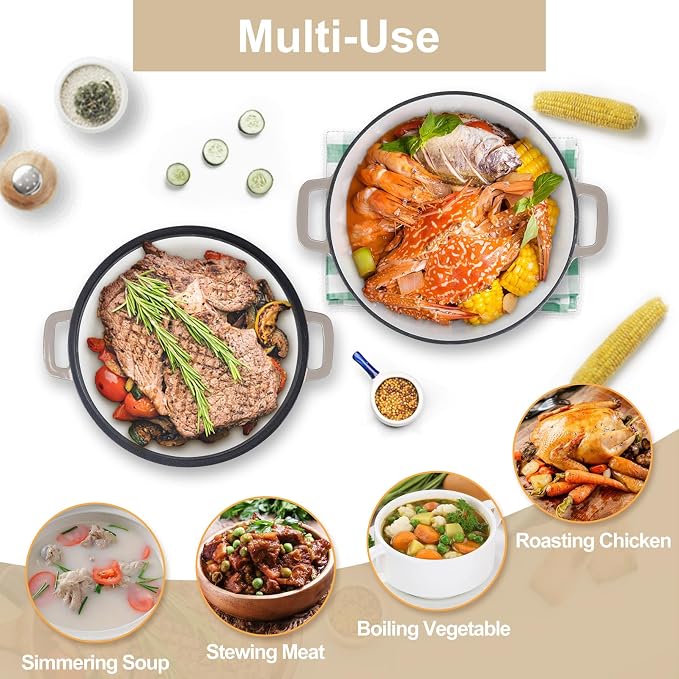 TeamFar 5 Quart Dutch Oven, 2 In 1 Enameled Cast Iron Dutch Oven Pot Cookware - Image 7