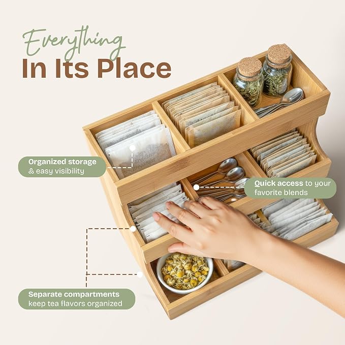 Tea bag organizer with 3-tier storage & 4 matching coasters. Fully assembled. - Image 6