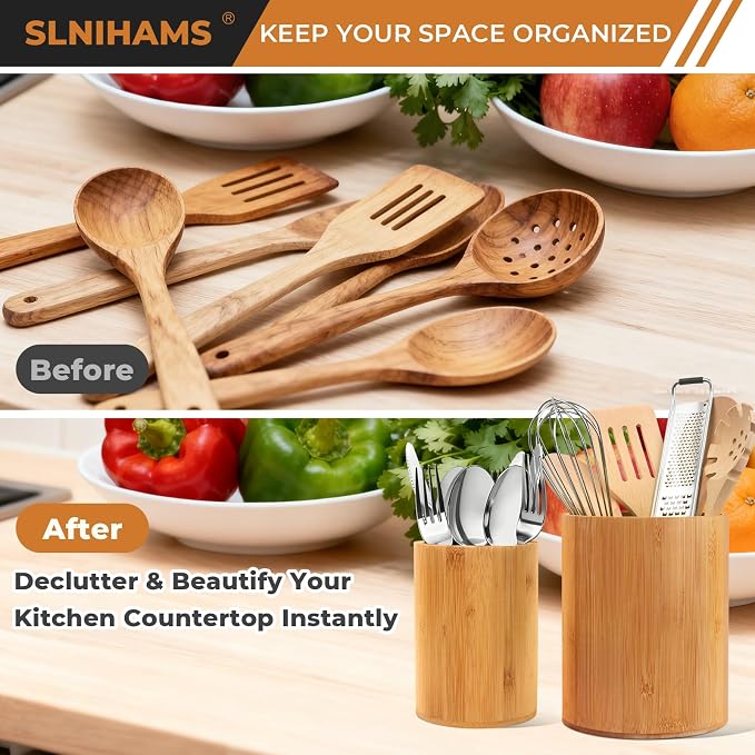 Bamboo Utensil Holder, 7.3"+5.4" Set of 2 Utensil Holders - Image 6