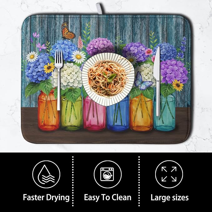 Hydrangea Dish Drying Mat Spring Summer Floral Jars Kitchen Drying Mats - Image 4