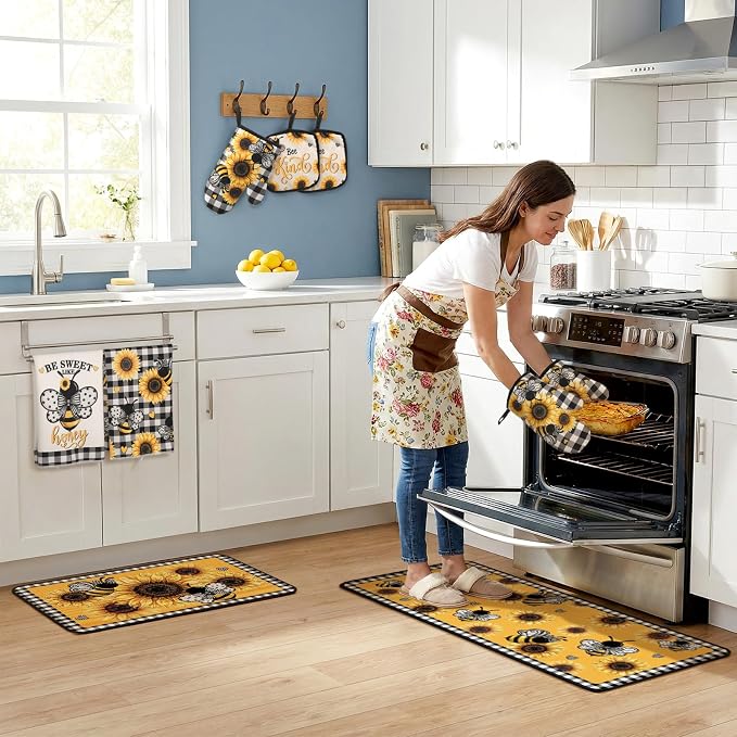 Fourluoo 10 Pcs Bee Kitchen Decor Set Kitchen Towels Rugs Oven Mitts and Pot - Image 2