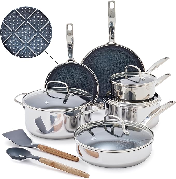 Blue Diamond Hybrid Nonstick Stainless Steel 12 Piece Cookware Set, Tri-Ply by BlueDiamondCookware