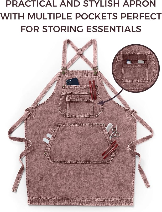 Denim Apron with Pockets for Hair Stylist Gardening Craftsmen Barista Women - Image 8