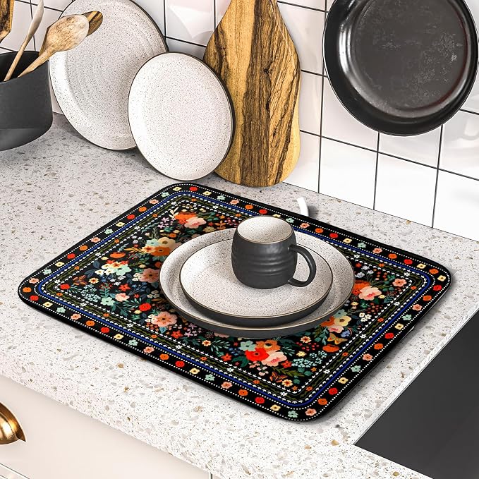 Black Flowers Dish Drying Pad Boho Floral Washable Microfiber Kitchen Mat - Image 5