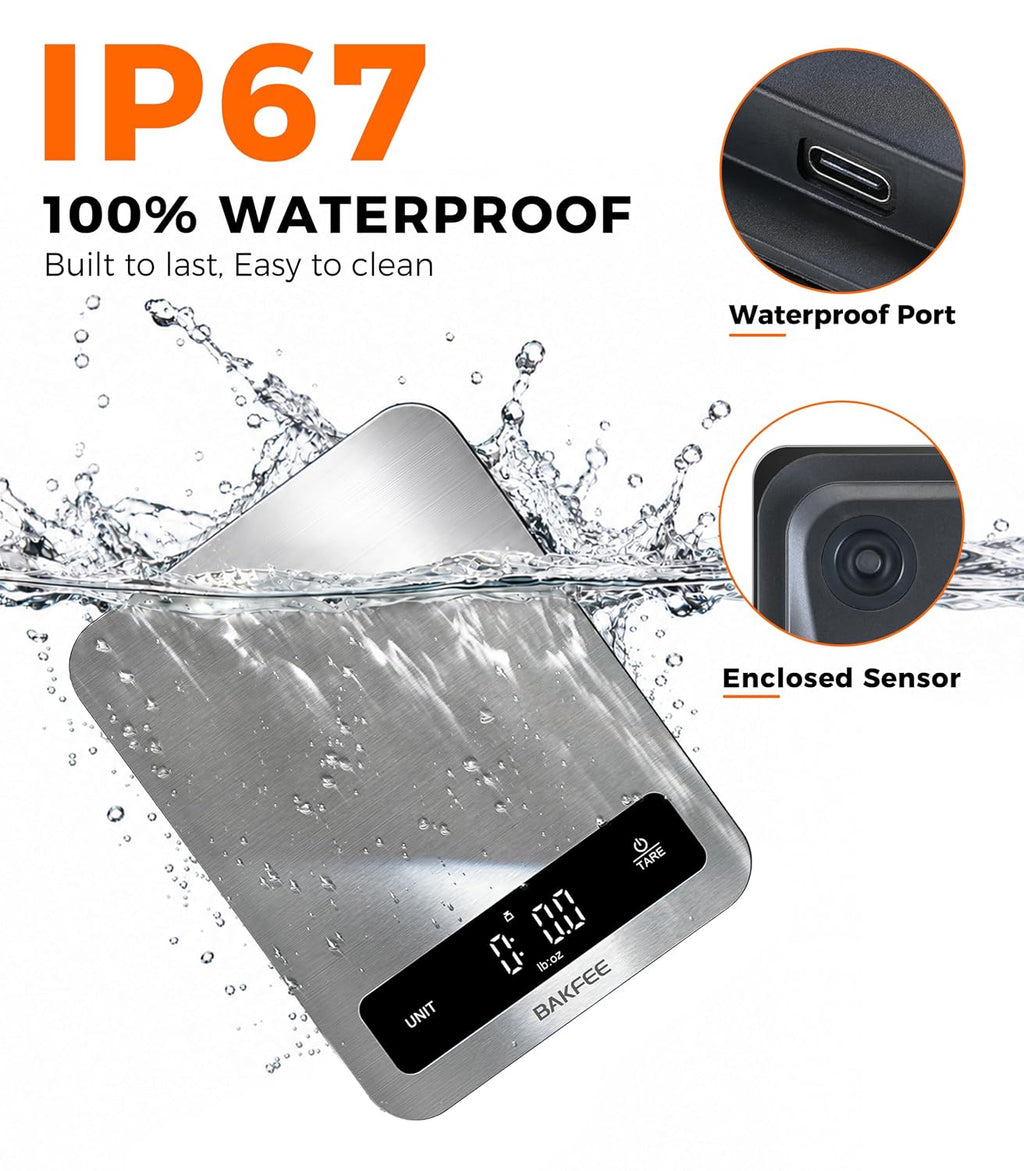 22lb Food Scale for Kitchen, IP67 Waterproof, USB-C Charging, Black