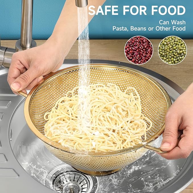 2PCS Gold Strainer for Kitchen, 3QT and 5QT, Stainless Steel Colander - Image 4
