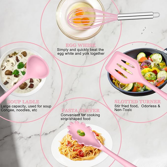 E-far Pink Silicone Cooking Utensils Set, 10-Piece Kitchen Utensil Set - Image 3