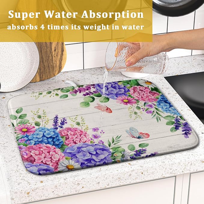 Hydrangea Floral Dish Drying Mat 16x18 inch Spring Summer Decorative Fast Dry - Image 7