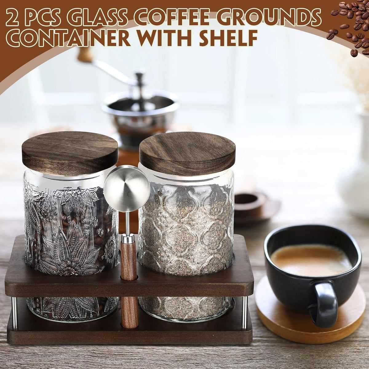 Glass Coffee Grounds Container with Shelf 2 x 34 oz Glass Coffee Bean