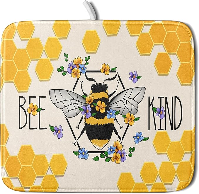 Giwawa Bee Kind Dish Drying Mat, Summer Bees Flowers Dish Drainer Mats by Giwawa