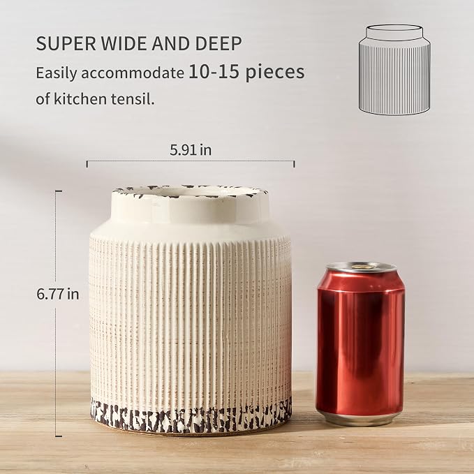 JIEMEI HOME Kitchen Utensil Holder, 6.77" Ceramic Farmhouse Stable Utensil Crock - Image 2