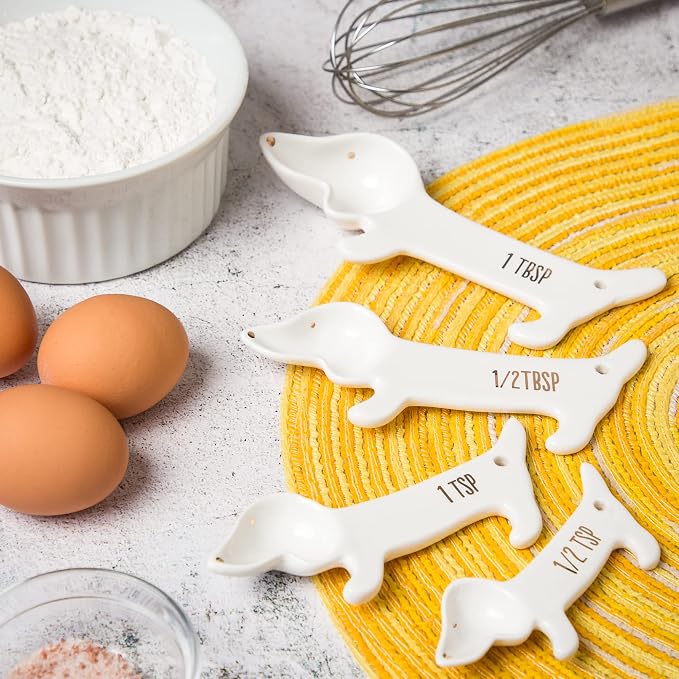 VOTUM White Dachshund Ceramic Measuring Spoon Set – Set of 4 Cute Weiner Dog - Image 3