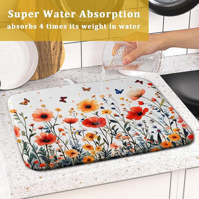 Poppy Flower Dish Drying Mat 16x18 Inch Floral Leaves Dish Drainer Protector - Image 7