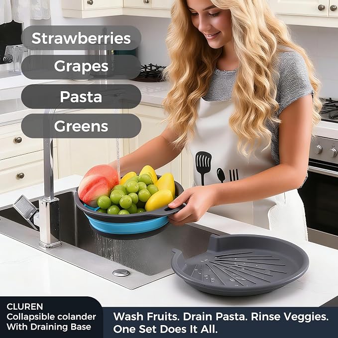 Collapsible Colander Set with Oversized Draining Tray | 3-Pack Foldable Kitchen - Image 4