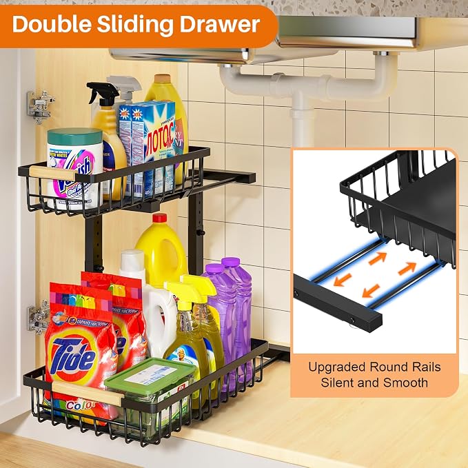 REALINN Under Sink Organizer, 2 Pack Height Adjustable Under Sink Organizers - Image 3