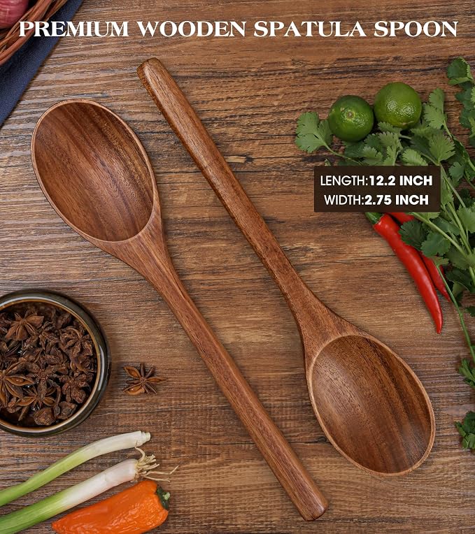 2PCS Wooden Spoons for Cooking, Natural Acacia Wood Cooking Spoons, Large - Image 2