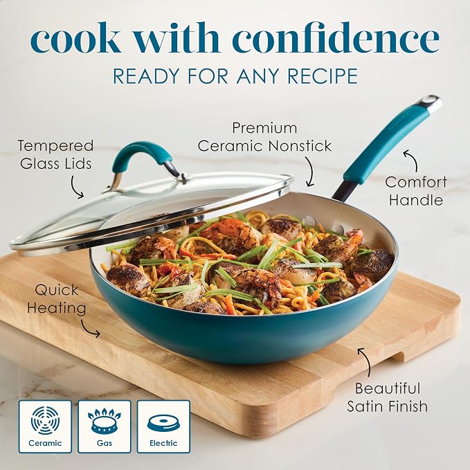 Rachael Ray Cucina Ceramic Nonstick Stir Fry Pan and Lid, 11 Inch Non Stick Wok - Image 6