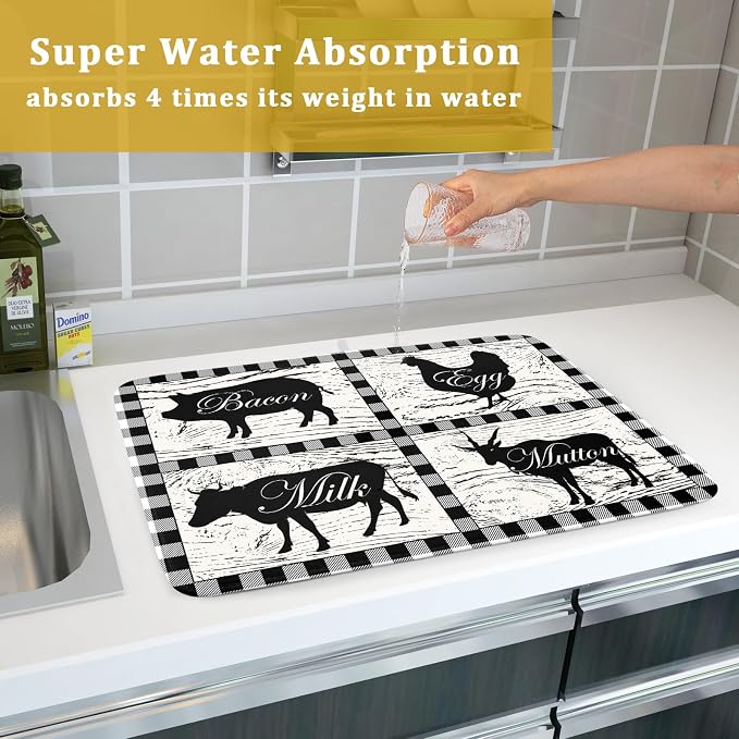 Farmhouse Animal Dish Drying Mat Buffalo Plaid Drainer Rack Mats Fast Dry - Image 7