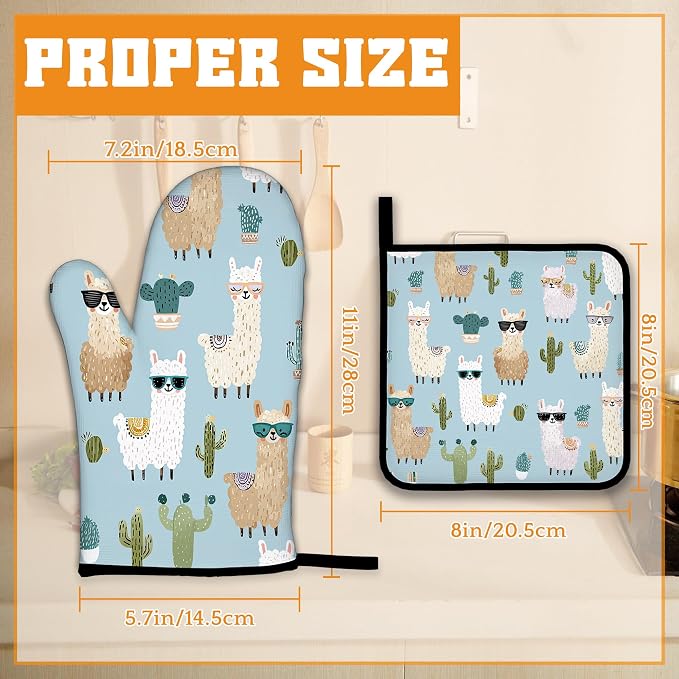 Cute Alpacas Oven Mitts and Pot Holders Set, Cactus Kitchen Decor Heat - Image 2