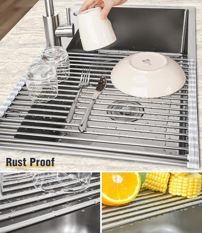 Tomorotec Stainless Steel Roll-Up Dish Drying Rack Marble Color Silicone Edges - Image 2
