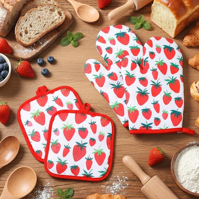 4 Pcs Oven Mitts and Pot Holders Cute Strawberry Oven Gloves and Pot Holders - Image 3
