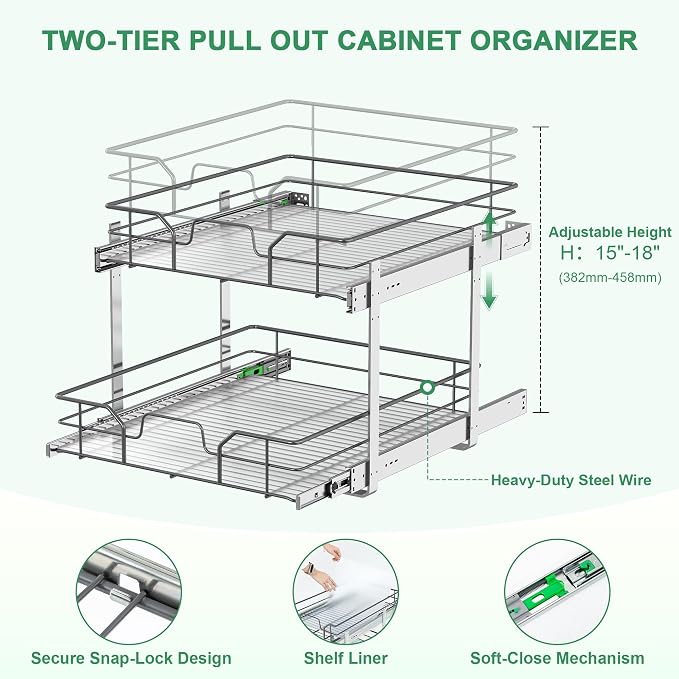 2-Tier Pull Out Cabinet Organizer, Soft Close Cabinet Slide Out Shelves - Image 5