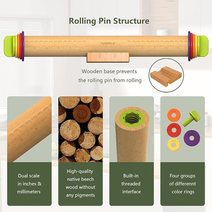 Rolling Pin with Thickness Rings and Pastry Baking Mat, 13.6" Adjustable Wooden - Image 8