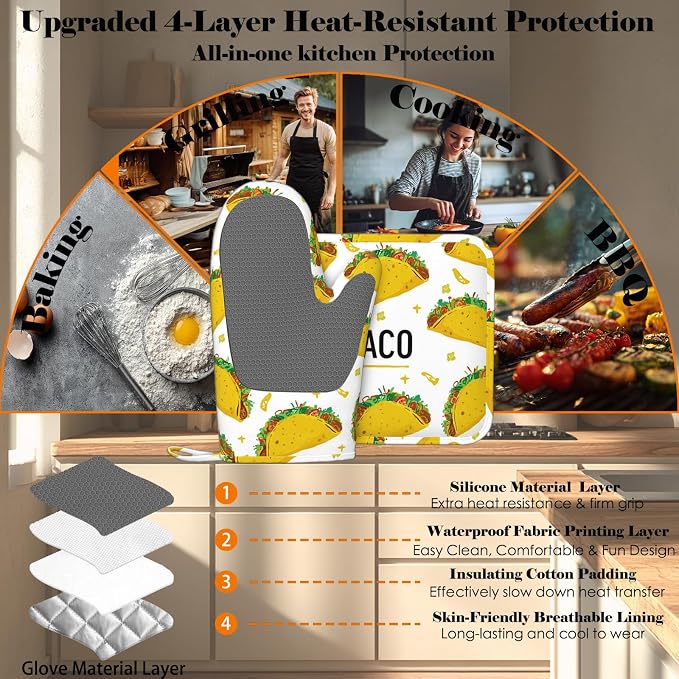Taco Time Heat-Resistant Oven Mitts and Pot Holder Kitchen Non-Slip Silicone - Image 4