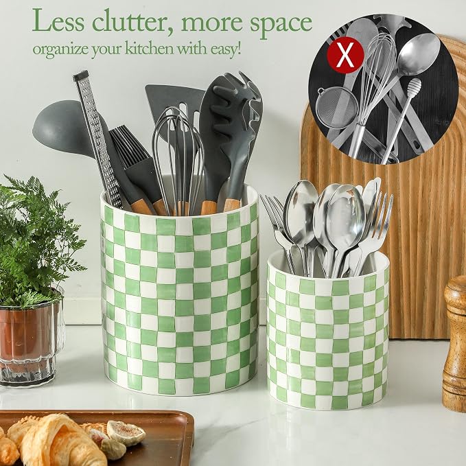 7" Ceramic Hand painted Utensil Holder, Large Kitchen Utensil Holder Organizer - Image 3
