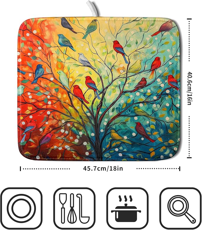 Colorful Spring Summer Tree Bird Dish Drying Mats - Image 2