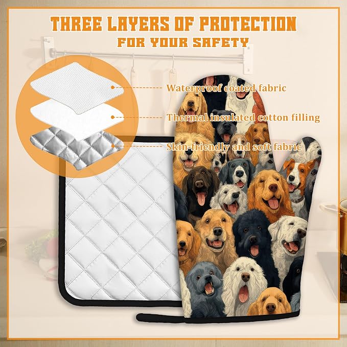 Funny Cute Dog Oven Mitts and Pot Holders Set, Kitchen Decor Heat Resistant Non - Image 3