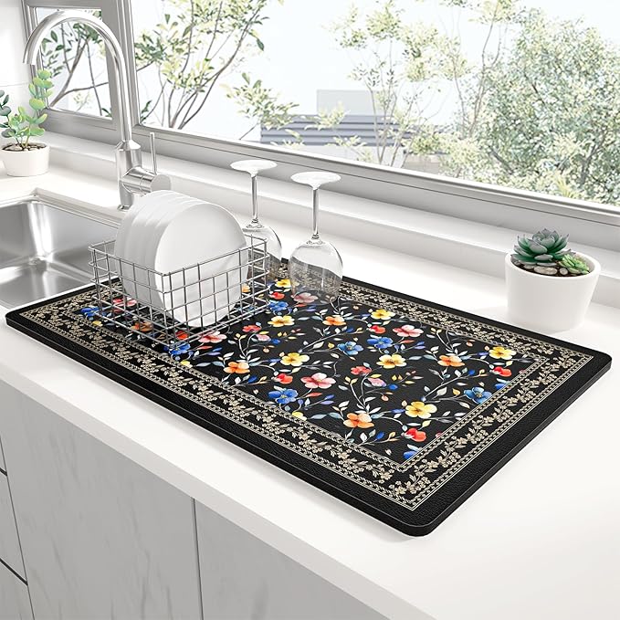 Rnivvi Dish Drying Mat for Kitchen Counter, XL 15 x 24" Cute Flower Theme Super by Rnivvi