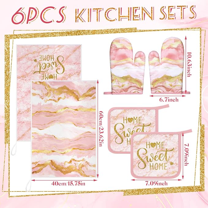 Bencailor Light Pink 6 Pcs Marble Kitchen Decor Gold Pot Holders Oven Mitts 2 - Image 3