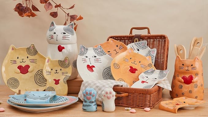 Bico Cartoon Cat Handpainted Stoneware Orange 7.8 inch Utensil Holder, - Image 6