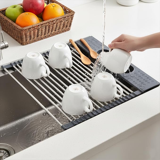 Roll Up Dish Drying Rack Over Sink, 17.5" x 15.2" Foldable SUS304 Stainless - Image 3
