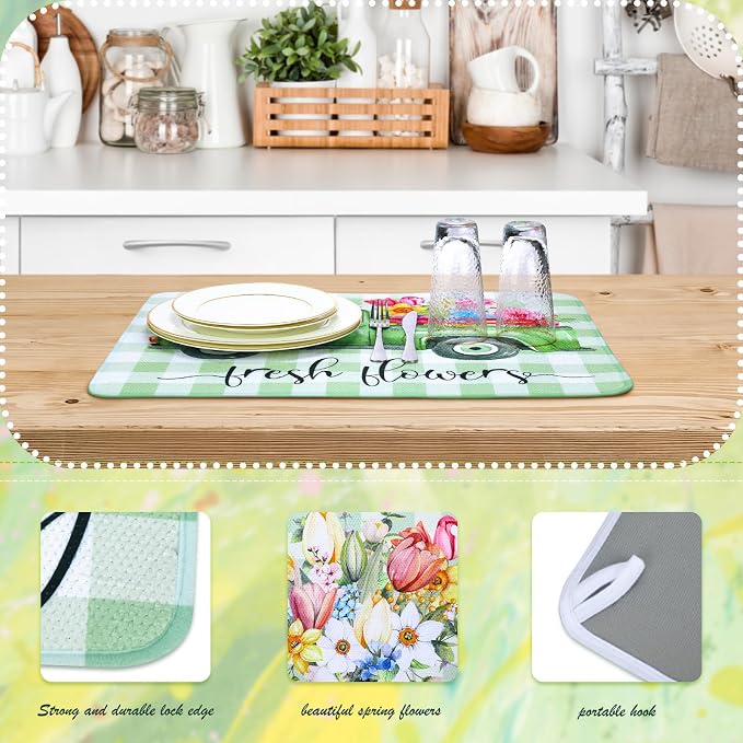 SiliFine 2 Pcs Dish Drying Mat for Kitchen, Spring Floral Absorbent Microfiber - Image 3