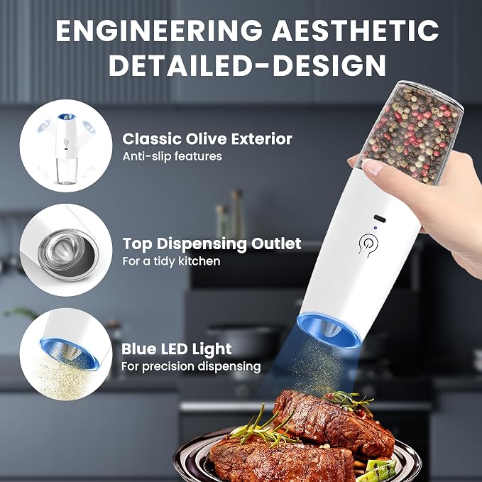 UNNEES Rechargeable Electric Salt and Pepper Grinder set of 2, gravity electric - Image 5