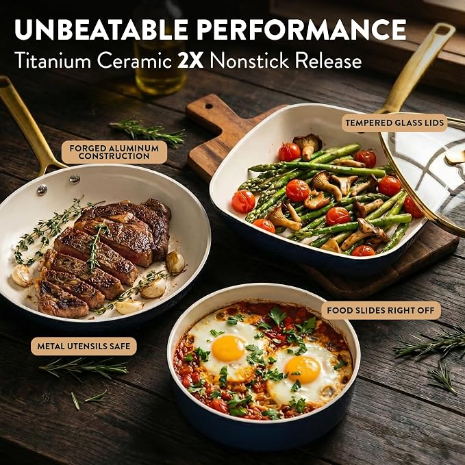 Gotham Steel Hammered 20Pcs Ceramic Cookware Set, Induction Pots and Pans Set - Image 5