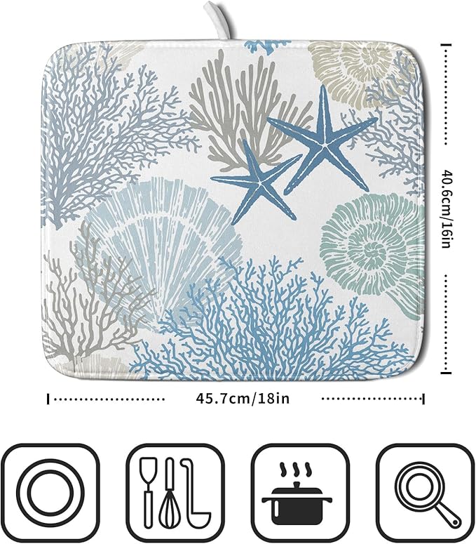 Nautical Dish Drying Mat for Kitchen Counter Coastal Seashell Starfish Summer - Image 2